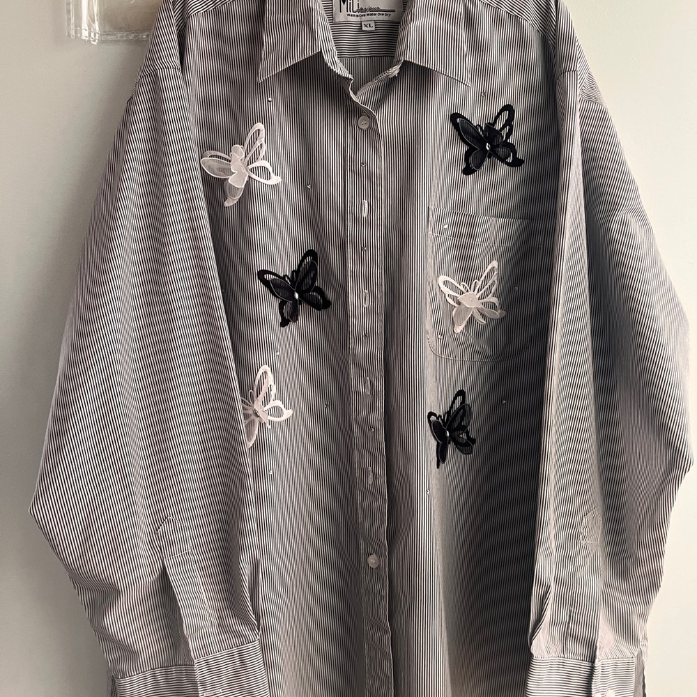 Striped Button-Down Shirt with Embroidered & Organza Butterfly Designs+Rhinstone